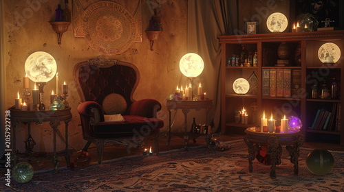 Mystical fortune teller room with glowing moon lamps and candles
