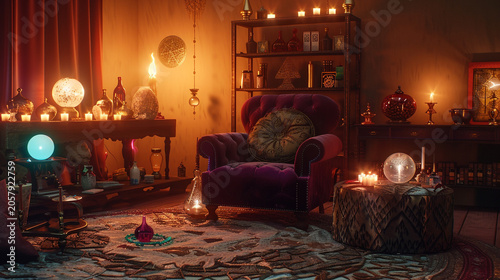 Mystical fortune teller room with crystal ball and purple velvet armchair