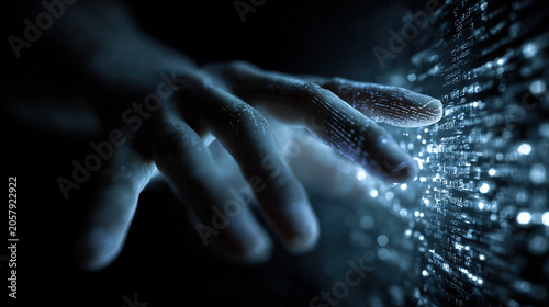 Human Hand Reaching Digital Code Blue Data Cybersecurity Hacking Technology Cinematic Dark Futuristic