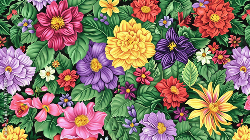 Seamless floral pattern with vibrant colorful dahlias and lush green leaves