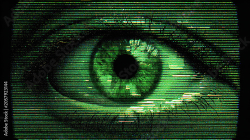 Glitch Eye Green Neon Screen Surveillance Cyberpunk Dystopian Hacking Digital Horror Dark Cinematic