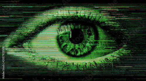Glitch Eye Green Neon Screen Surveillance Cyberpunk Dystopian Hacking Digital Horror Dark Cinematic
