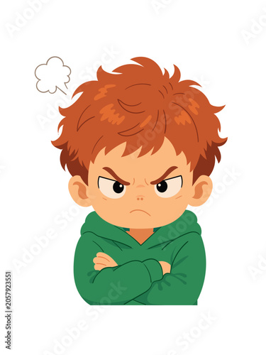 Angry little boy cartoon character with crossed arms, messy red hair, furrowed eyebrows, and annoyed expression. Kawaii flat vector illustration isolated on a white background.