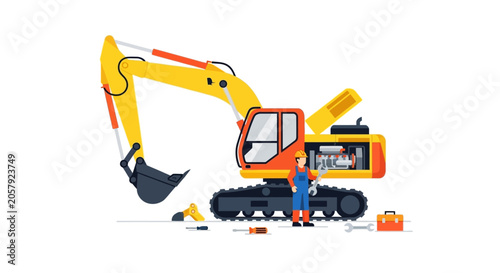 Fotografie Excavator Repair: Mechanic Working on Construction Machinery with Tools