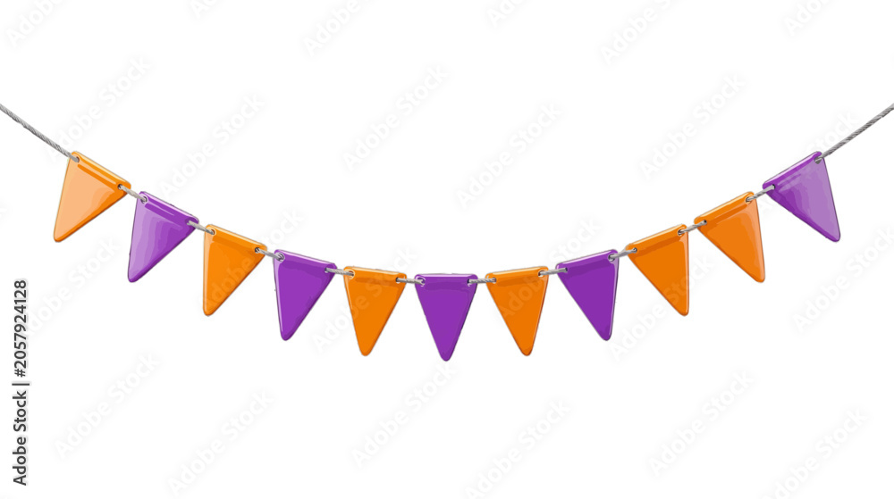 Fototapeta premium Vector illustration of bunting garland with orange and purple triangular flags on a transparent background
