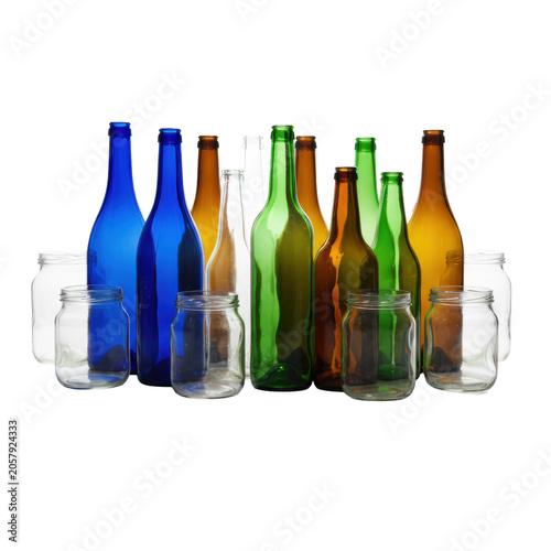 Meticulously arranged empty recycled blue, green, amber, and clear glass bottles and jars on a reflective white studio background, high-key lighting, caustics, concept of environmental sustainability