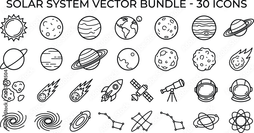 Fototapeta premium Solar System Vector Icons Planets Spacecraft And Celestial Bodies