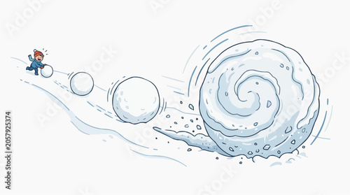 The Snowball Effect: A small boy gleefully rolls a snowball down a snowy hill, creating a chain reaction that culminates in a colossal snowball gaining momentum.