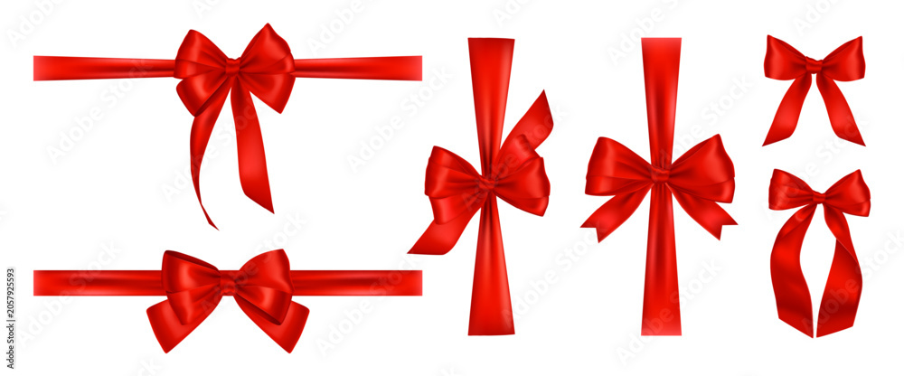 Fototapeta premium Red gift bows and satin ribbons with glossy realistic wrapping elements for festive packaging isolated on white. Vector set