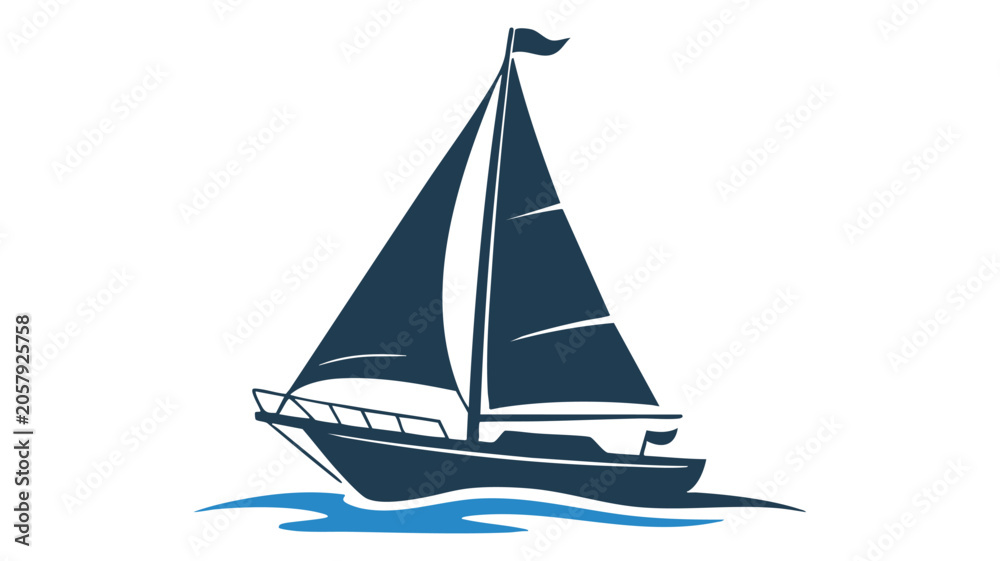 Fototapeta premium Sailing Ship Icon with Blue Sails on White Waves, Vector Style Maritime Illustration for Navigation and Travel Design