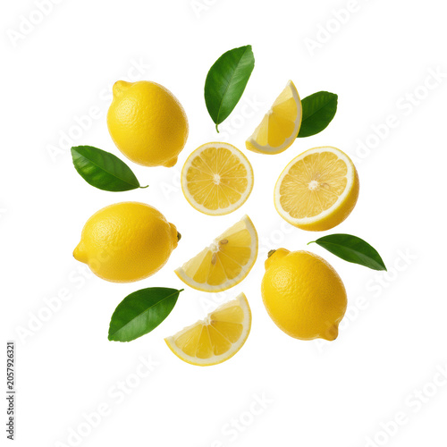 Vivid yellow lemons, wedges, slices, and emerald leaves bursting, suspended against a transparent backdrop with subtle reflections, concept for beverage advertising