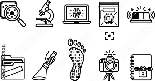 Flat icons set of forensic and digital security symbols