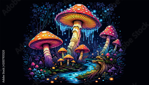 Φωτογραφία Enchanted Bioluminescent Mushroom Forest with Glowing River