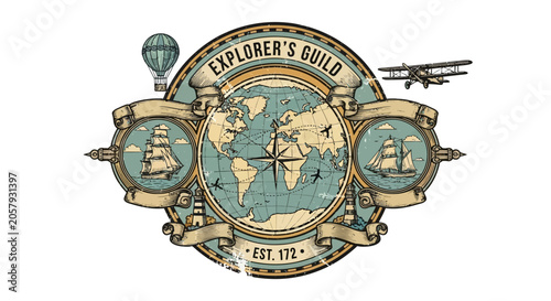 Konstfotografi Vintage Explorer's Guild Emblem with Globe, Ships, Biplane, Hot Air Balloon