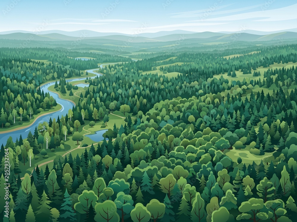Fototapeta premium Aerial view of river flowing through expansive forest landscape with landscape