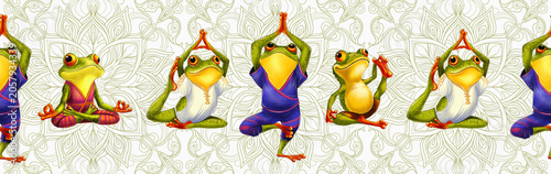 Watercolor seamless border with cute yoga frog characters in various poses against a mandala pattern background. Perfect for yoga studio wall decals, fitness branding, and kids apparel prints.