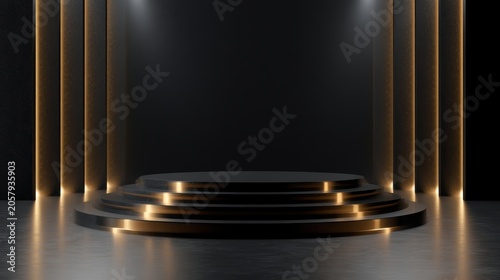 luxury black stage with golden geometric lighting structures, high end event concept