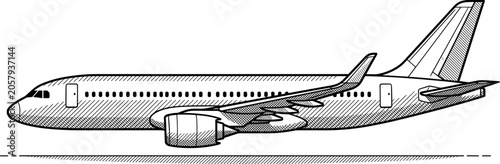 Foto Commercial passenger airplane line drawing illustration featuring fuselage, wing