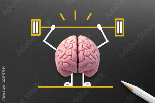 Brain exercise. Human brain lifting weights. Cognitive development concept.