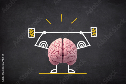 Brain exercise. Human brain lifting weights. Cognitive development concept.