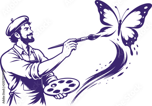Artist painting a butterfly with a brush, creative concept illustration