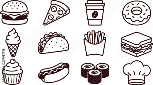 Set of fast food icons including burger, pizza, coffee, donut, ice cream, taco, fries