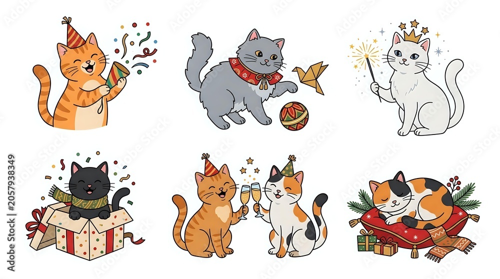 Obraz premium Cartoon cats isolated on white background, featuring orange tabby, gray, white, and calico kittens in playful poses with festive elements. Clipart for design projects.