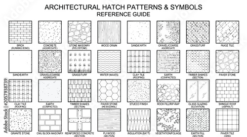 Architectural hatch patterns and symbols reference guide with 30 different material textures and fills