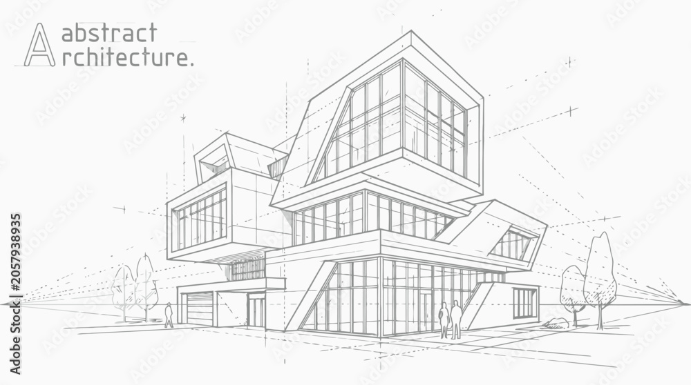 Fototapeta premium Architectural Sketch of a Modern Building with Perspective and Trees architecture drawing