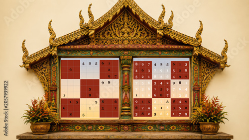 Thailand temple style golden sanctuary shrine with tropical flowers and sudoku puzzles.
