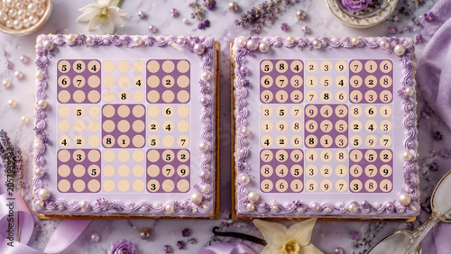 Lavender celebration cake decorated with purple frosting swirls and confectionery sudoku puzzles