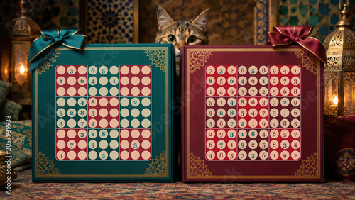 Arabic night style luxury gift boxes with a cat and Ramadan lantern sudoku puzzles.