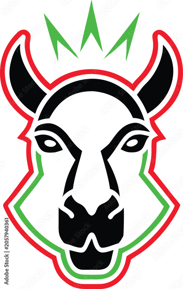 Fototapeta premium Elegant white llama head icon with a vibrant red and green layered outline for unique cultural branding