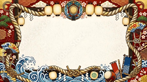 Ceremonial Shimenawa Rope And Glowing Lanterns Decorative Frame Festival Background