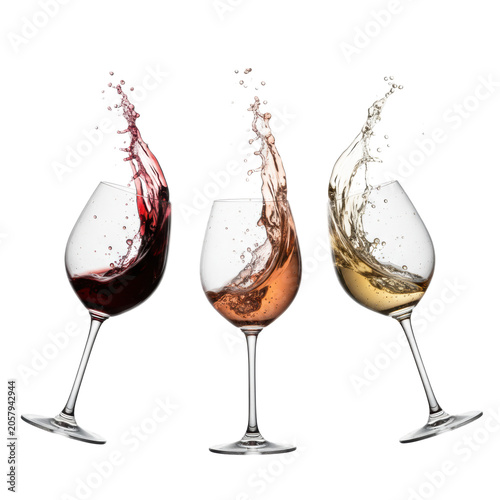 Hyper-photorealistic crystal wine glasses with red, rosé, and white wine dynamically splashing upward, frozen on a transparent background with copy space, luxury beverage advertising concept