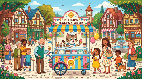 A Whimsical Town Scene with an Ice Cream Cart: A charming, colorful illustration depicts a bustling town square where a friendly cat serves ice cream from a cart named Kitten's Scoops & Smiles.