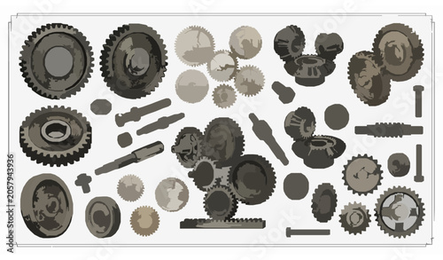 Hand Drawn Vintage Gears and Cogwheels Vector Set with Industrial Mechanism Sketch Illustrations