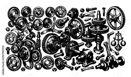 Vintage Cogwheel and Mechanical Gear Sketch Vector Collection with Industrial Machine Elements