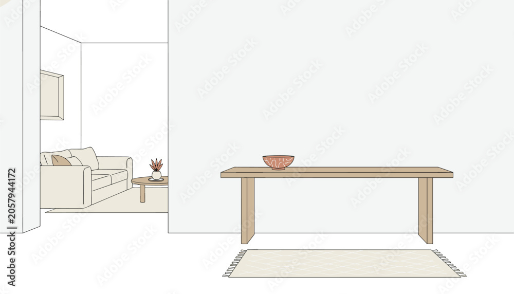 Fototapeta premium Minimalist wooden console table with a decorative bowl, placed on a rug, with a couch visible in the adjacent room, showcasing modern interior design.