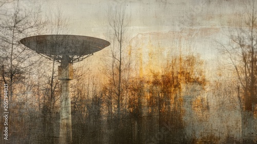Double exposure of a satellite dish combined with a cosmic star map and soft golden hour light in an observatory setting with winter trees and a textured, painterly aesthetic.