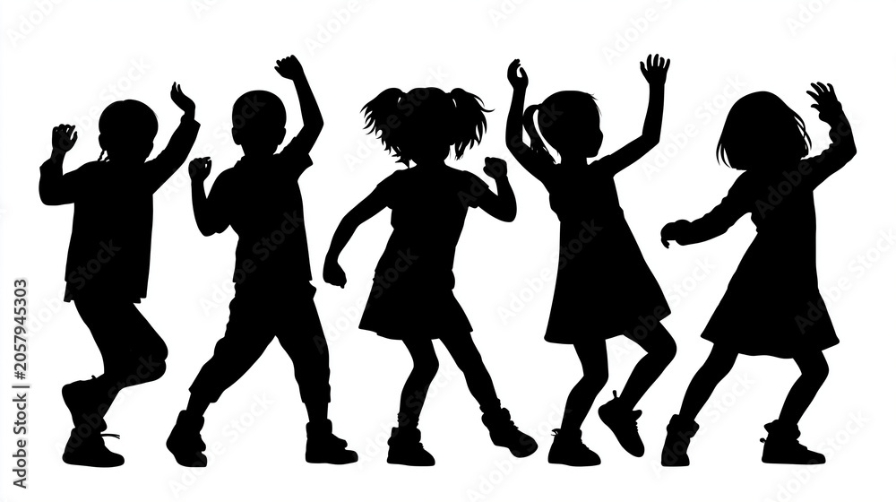 Fototapeta premium Children dancing in dynamic silhouette poses, striking black vector style on white background, kids dance performance graphic, youth dance activity icon set, childhood movement