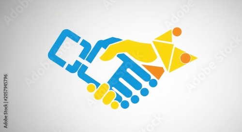 Handshake Logo With Geometric Shapes and Upward Arrows on Light Background
