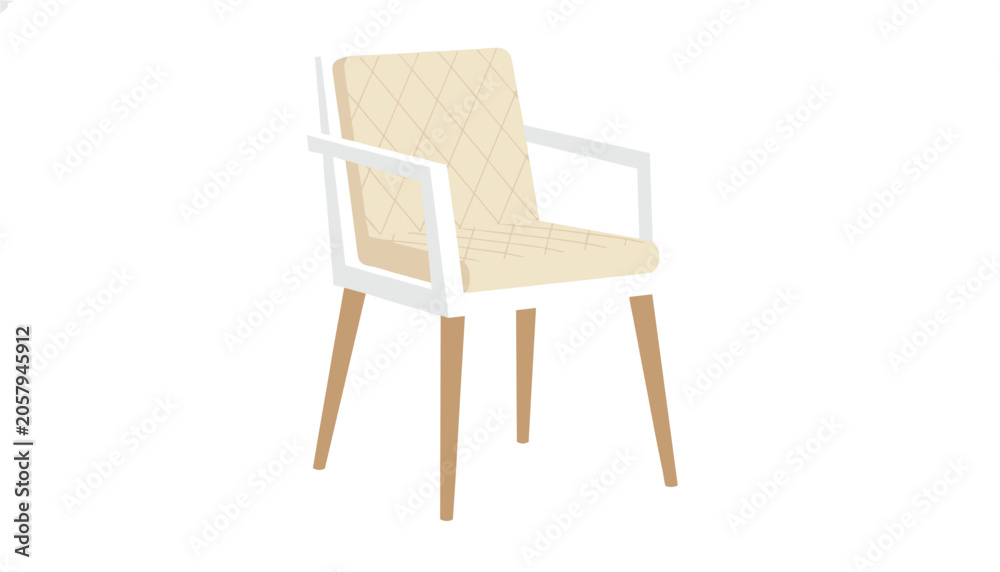 Naklejka premium Modern dining chair with beige quilted upholstery and light wooden legs, presented as an isolated piece of seating equipment.