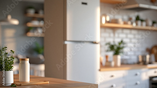 Inviting minimalist kitchen with soft beige tones, clean refrigerator with sparse tasteful shelving, and warm natural light, encouraging a sense of calm domesticity, defocused