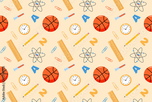 Back to school concept seamless pattern on light yellow background. Repeated pattern with school elements. Ornament with school supplies: ball, pencil,ruler, clock, paper clips.Vector illustration.