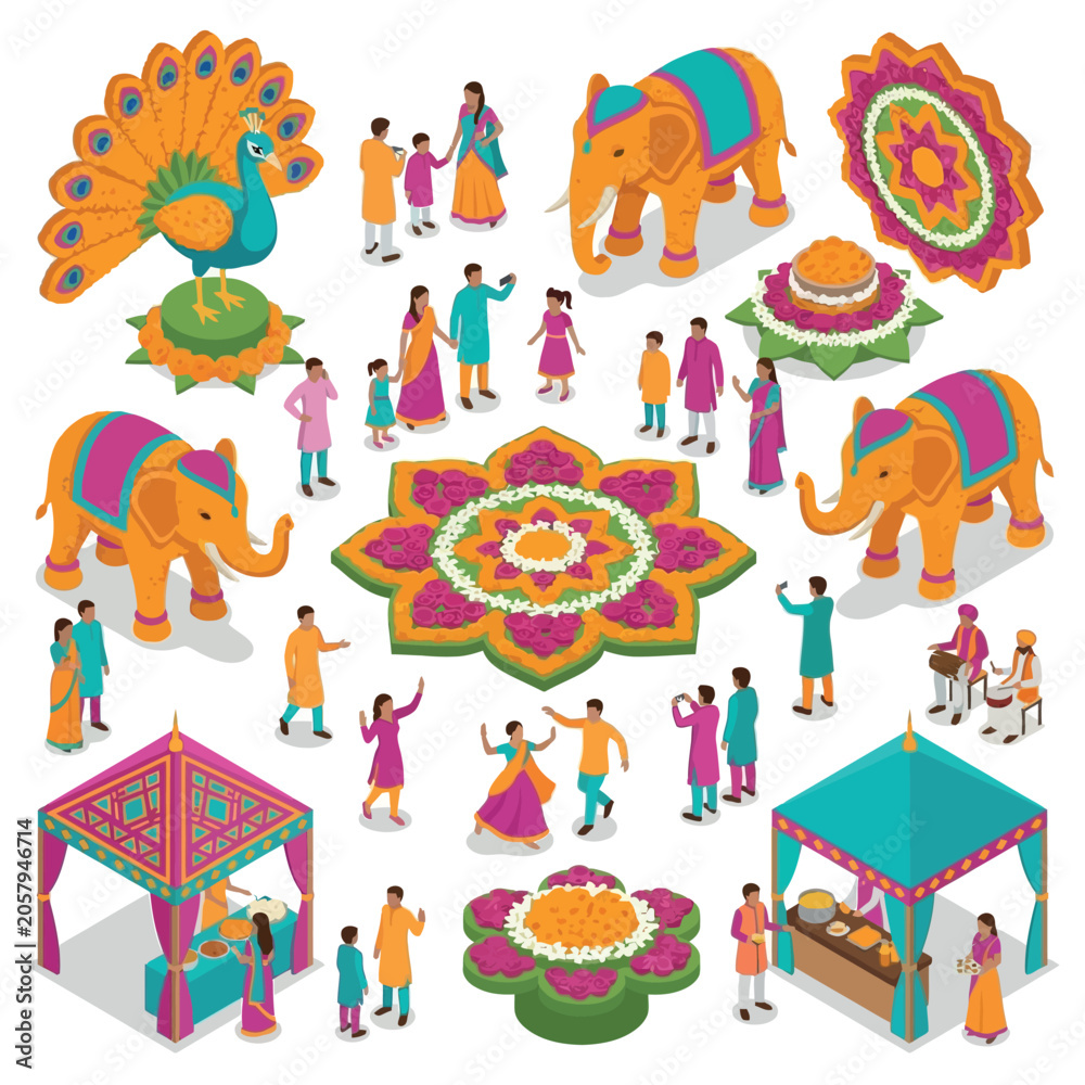 Fototapeta premium Vibrant isometric vector illustration of Indian culture celebrating independence day with traditional elements
