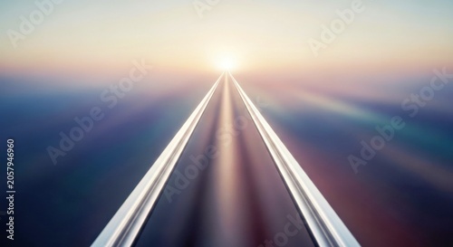 Sunlit Train Tracks Vanishing Into Soft Bokeh Horizon With Golden Hour Lighting