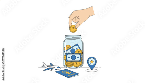 Vacation planning with coins deposited into a glass jar alongside a miniature figure and passport for international financial preparation.
