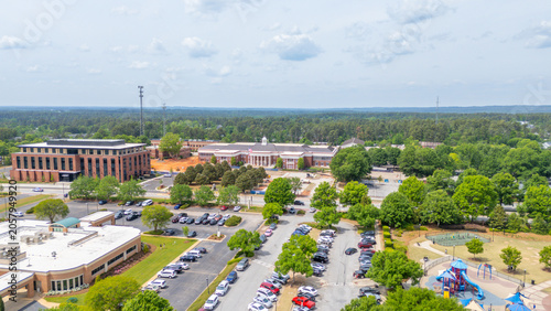 Aerial drone view of Evans Towne Center Park and civic buildings in Evans, Georgia USA