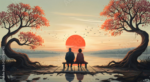 Two people sitting on a bench under blooming pink trees in a park at sunset Vector